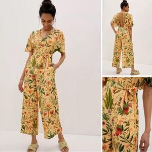 Farm Rio x Anthropologie Tropical Floral V-Neck Wide Leg Jumpsuit Size Medium